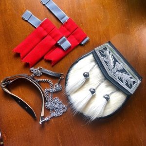 Sporran light hair on hide black genuine leather and red kilt flashes Scottish